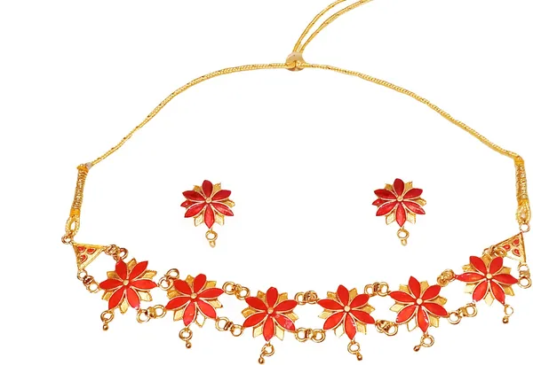 Assamese_Traditional_Gold_Plated_Red_Colour_Golpata_Necklace_Set_For_Women